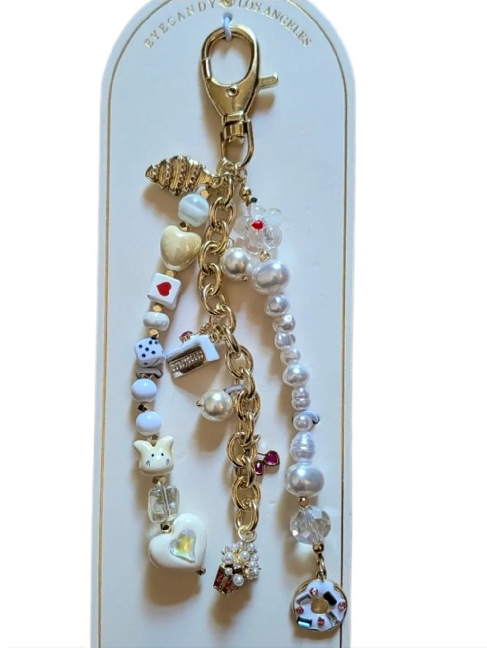 🤍▪️Eyecandy ▪️ Snacks /Food Pearl & Charm Keychain Bag Charm - White/Gold